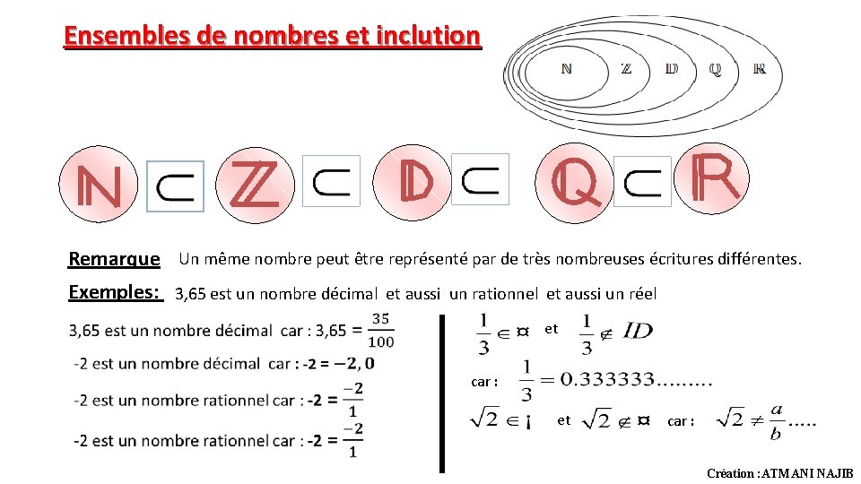 Ensembles de nombres et inclution Remarque Un même nombre peut être représenté par de