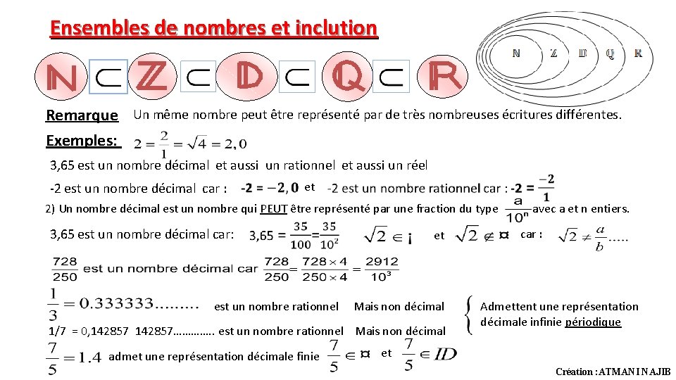 Ensembles de nombres et inclution Remarque Un même nombre peut être représenté par de Ensembles de nombres et inclution Remarque Un même nombre peut être représenté par de
