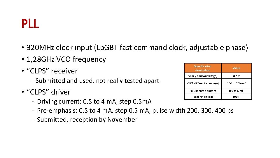 PLL • 320 MHz clock input (Lp. GBT fast command clock, adjustable phase) •