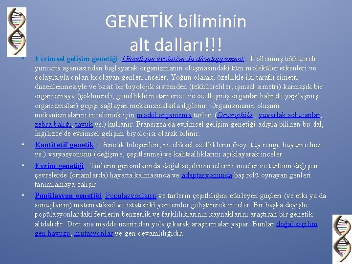  • • GENETİK biliminin alt dalları!!! Evrimsel gelişim genetiği (Génétique évolutive du développement):