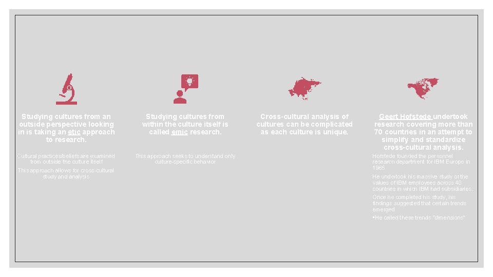 Studying cultures from an outside perspective looking in is taking an etic approach to