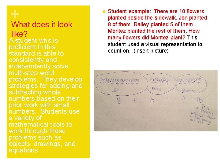 + What does it look like? A student who is proficient in this standard