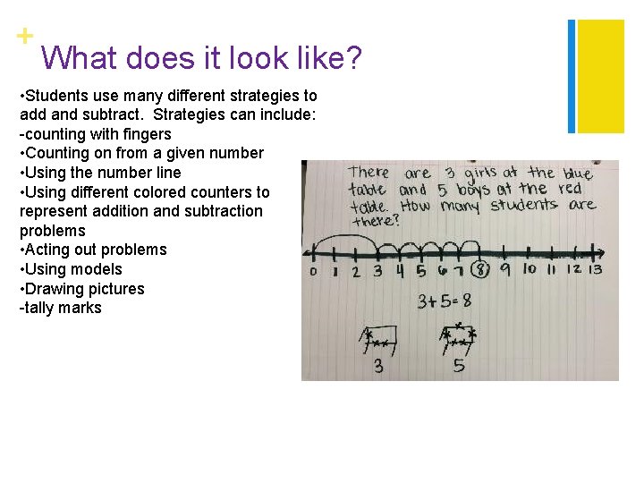 + What does it look like? • Students use many different strategies to add