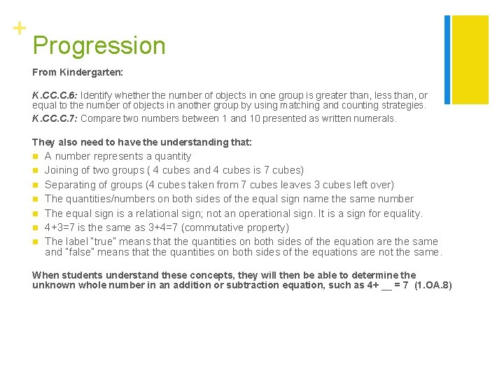 + Progression From Kindergarten: K. CC. C. 6: Identify whether the number of objects