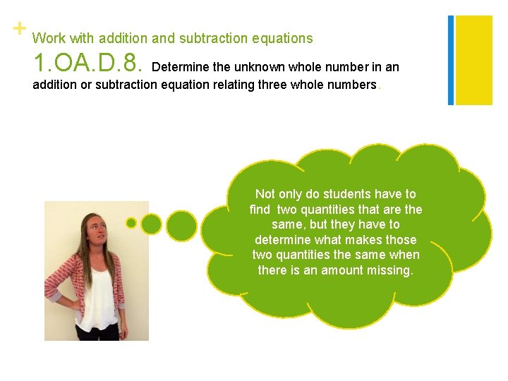 + Work with addition and subtraction equations 1. OA. D. 8. Determine the unknown