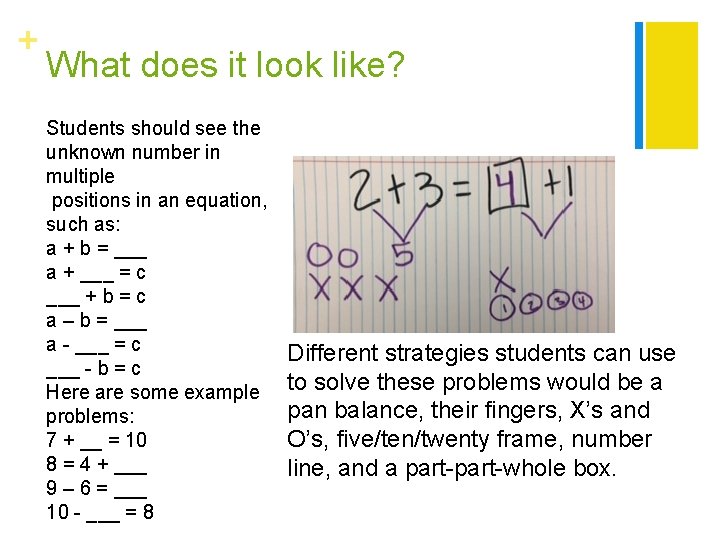 + What does it look like? Students should see the unknown number in multiple