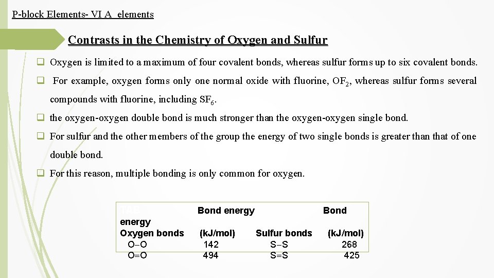 P-block Elements- VI A elements Contrasts in the Chemistry of Oxygen and Sulfur q