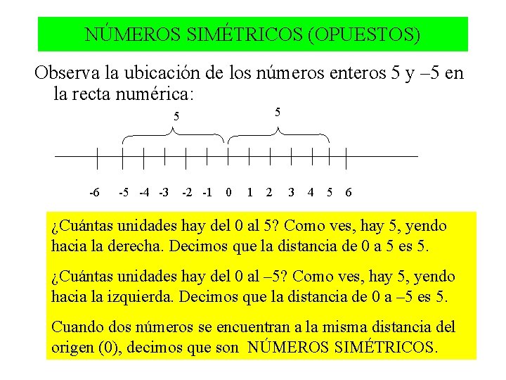 NÚMEROS SIMÉTRICOS (OPUESTOS) Observa la ubicación de los números enteros 5 y – 5