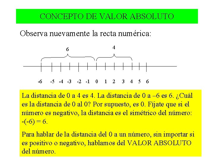 CONCEPTO DE VALOR ABSOLUTO Observa nuevamente la recta numérica: 4 6 -6 -5 -4