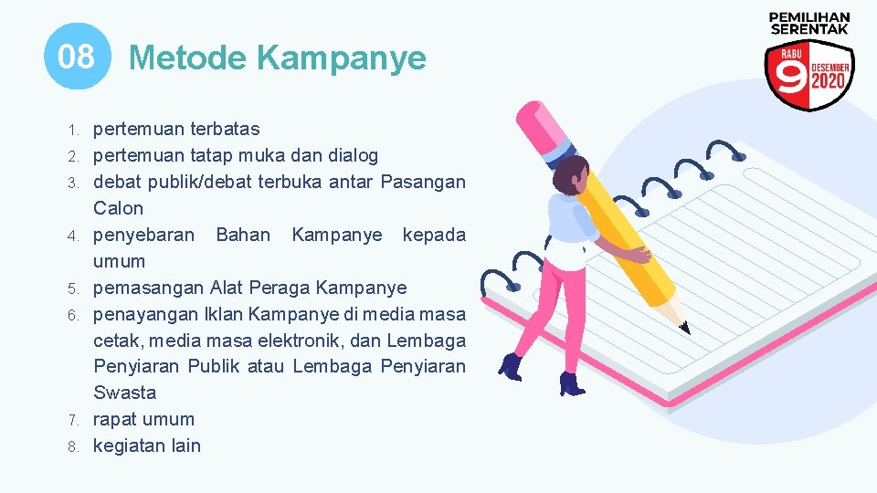 08 Metode Kampanye 1. 2. 3. 4. 5. 6. 7. 8. pertemuan terbatas pertemuan