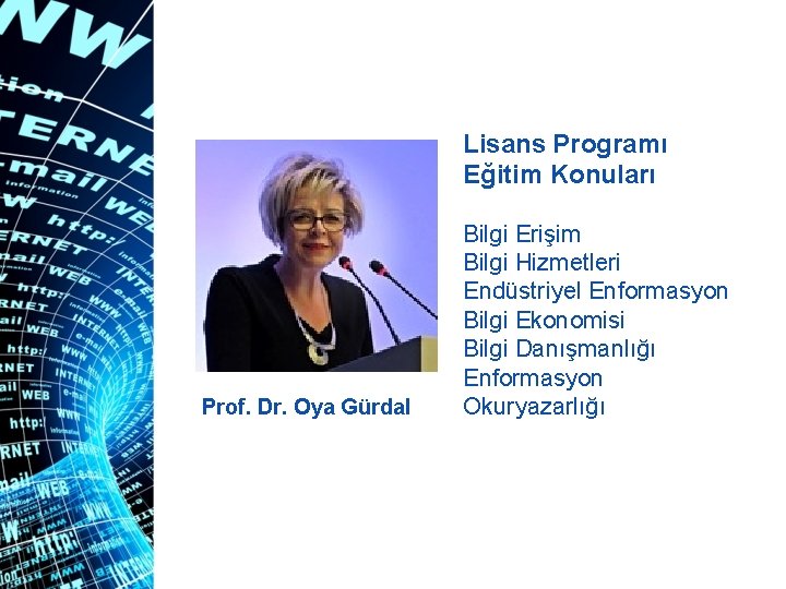 Lisans Programı Eğitim Konuları Prof. Dr. Oya Gürdal Bilgi Erişim Bilgi Hizmetleri Endüstriyel Enformasyon