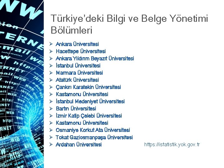 Türkiye’deki Bilgi ve Belge Yönetimi Bölümleri Ø Ø Ø Ø Ankara Üniversitesi Hacettepe Üniversitesi