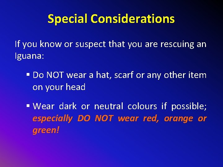 Special Considerations If you know or suspect that you are rescuing an Iguana: §