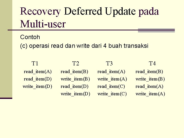 Recovery Deferred Update pada Multi-user Contoh (c) operasi read dan write dari 4 buah