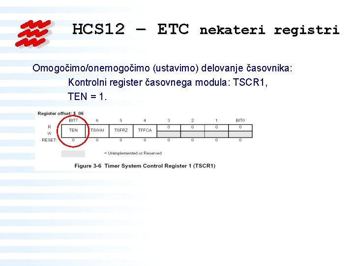 HCS 12 – ETC nekateri registri Omogočimo/onemogočimo (ustavimo) delovanje časovnika: Kontrolni register časovnega modula: