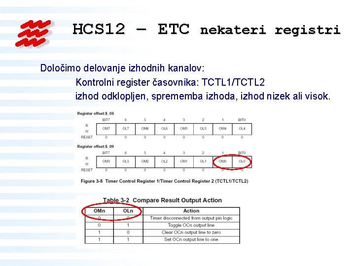 HCS 12 – ETC nekateri registri Določimo delovanje izhodnih kanalov: Kontrolni register časovnika: TCTL