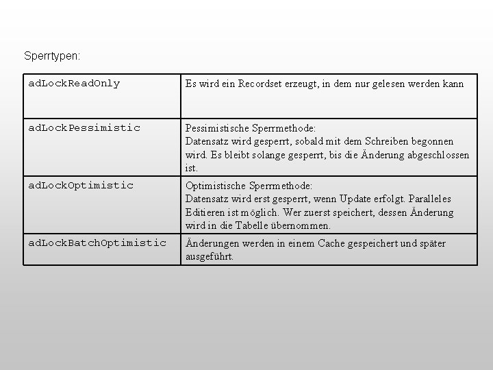 Sperrtypen: ad. Lock. Read. Only Es wird ein Recordset erzeugt, in dem nur gelesen