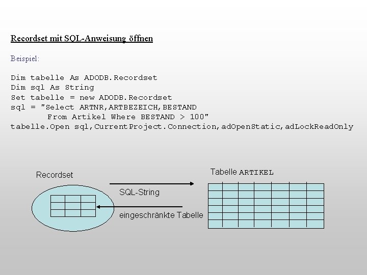 Recordset mit SQL-Anweisung öffnen Beispiel: Dim tabelle As ADODB. Recordset Dim sql As String