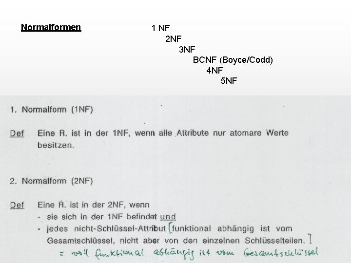 Normalformen 1 NF 2 NF 3 NF BCNF (Boyce/Codd) 4 NF 5 NF 