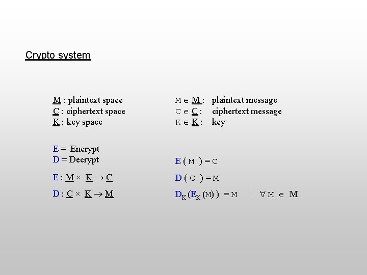 Crypto system M : plaintext space C : ciphertext space K : key space