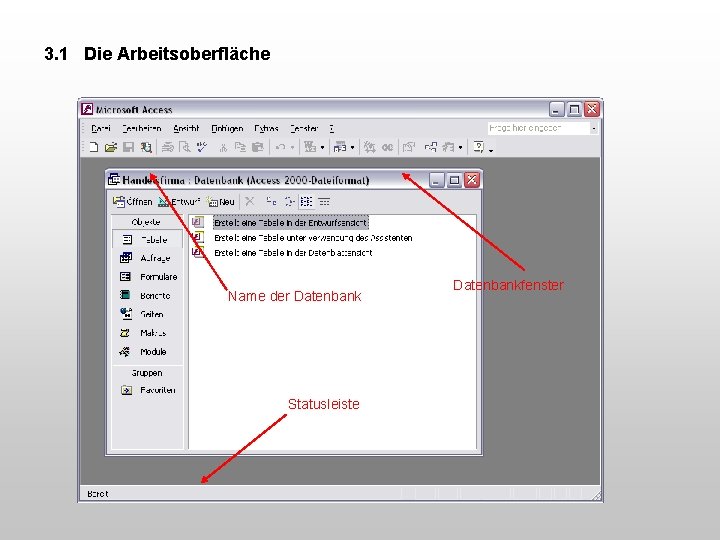 3. 1 Die Arbeitsoberfläche Name der Datenbank Statusleiste Datenbankfenster 