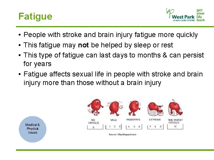 Fatigue • People with stroke and brain injury fatigue more quickly • This fatigue