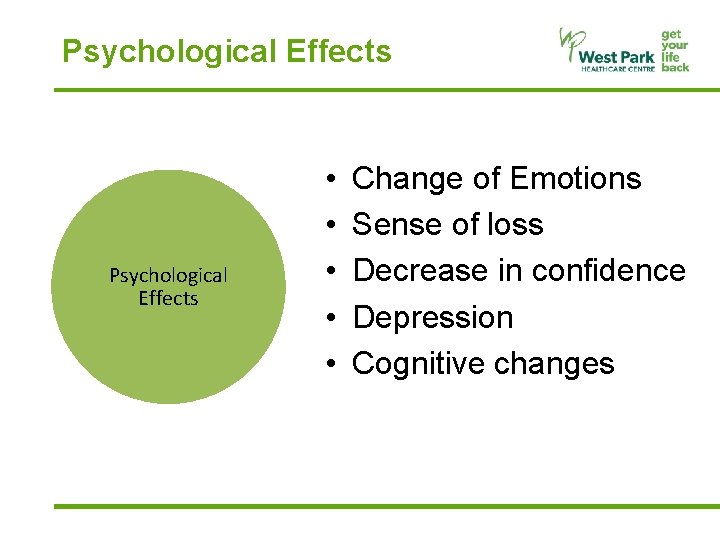 Psychological Effects • • • Change of Emotions Sense of loss Decrease in confidence