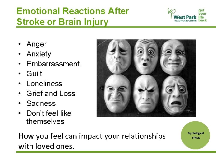 Emotional Reactions After Stroke or Brain Injury • • Anger Anxiety Embarrassment Guilt Loneliness