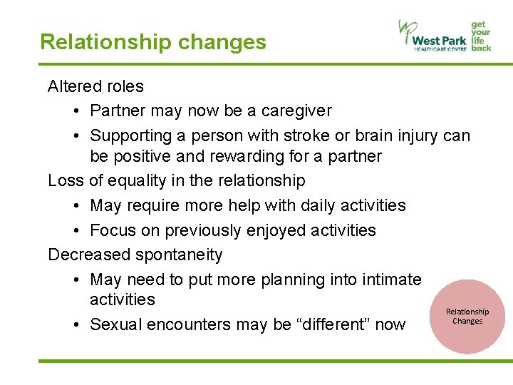 Relationship changes Altered roles • Partner may now be a caregiver • Supporting a