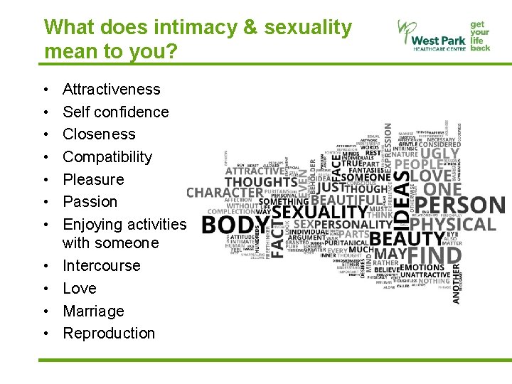 What does intimacy & sexuality mean to you? • • • Attractiveness Self confidence