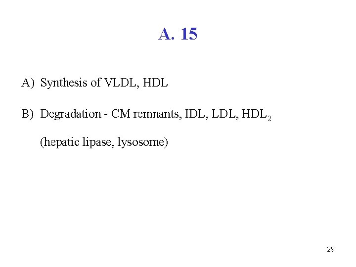 A. 15 A) Synthesis of VLDL, HDL B) Degradation - CM remnants, IDL, LDL,