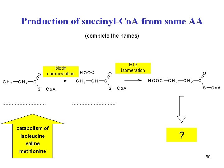 Production of succinyl-Co. A from some AA (complete the names) biotin carboxylation . .