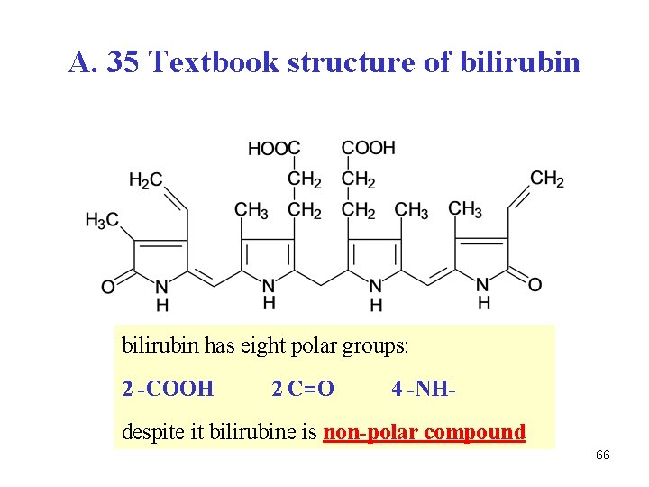 A. 35 Textbook structure of bilirubin has eight polar groups: 2 -COOH 2 C=O