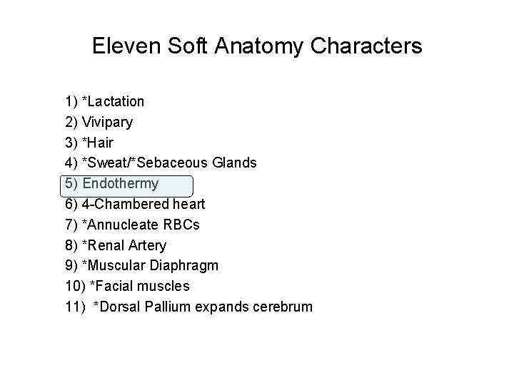 Eleven Soft Anatomy Characters 1) *Lactation 2) Vivipary 3) *Hair 4) *Sweat/*Sebaceous Glands 5)