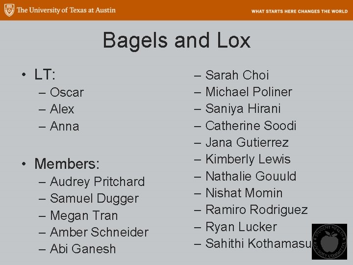 Bagels and Lox • LT: – Oscar – Alex – Anna • Members: –
