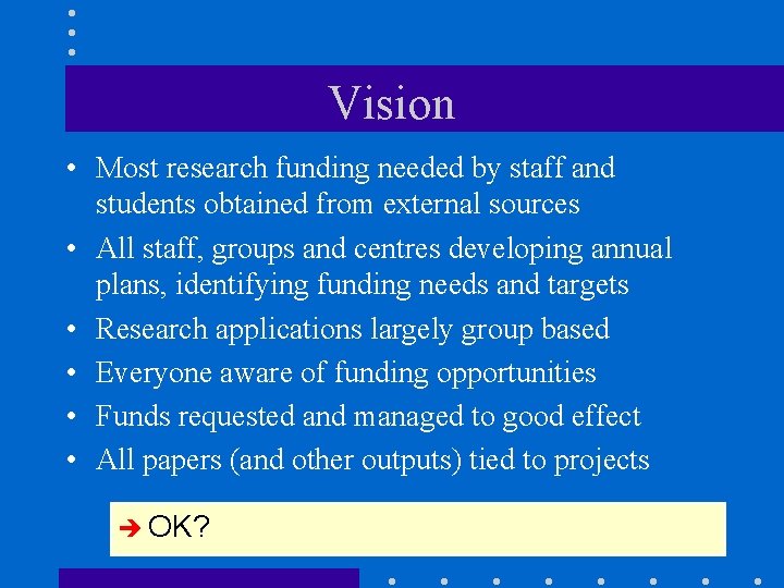 Vision • Most research funding needed by staff and students obtained from external sources