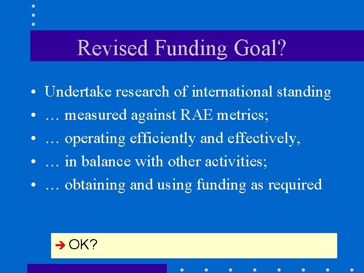 Revised Funding Goal? • • • Undertake research of international standing … measured against