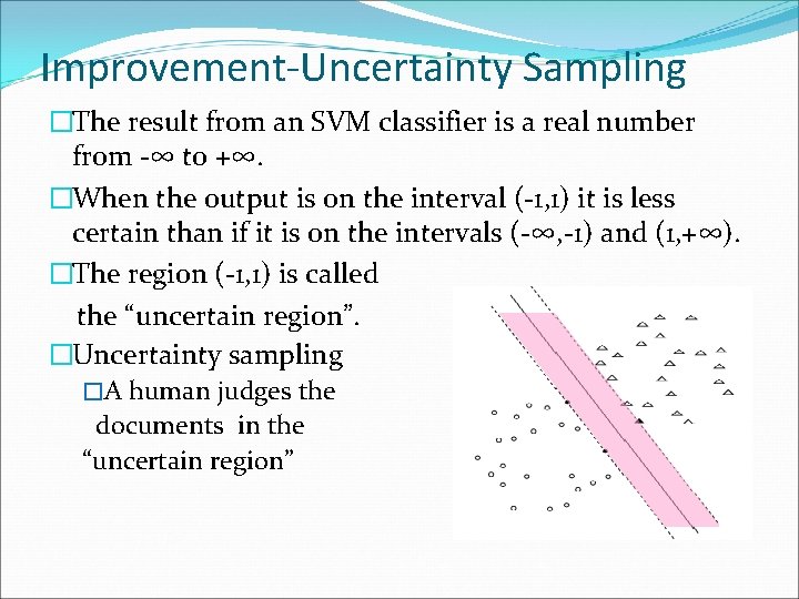 Improvement-Uncertainty Sampling �The result from an SVM classifier is a real number from -∞