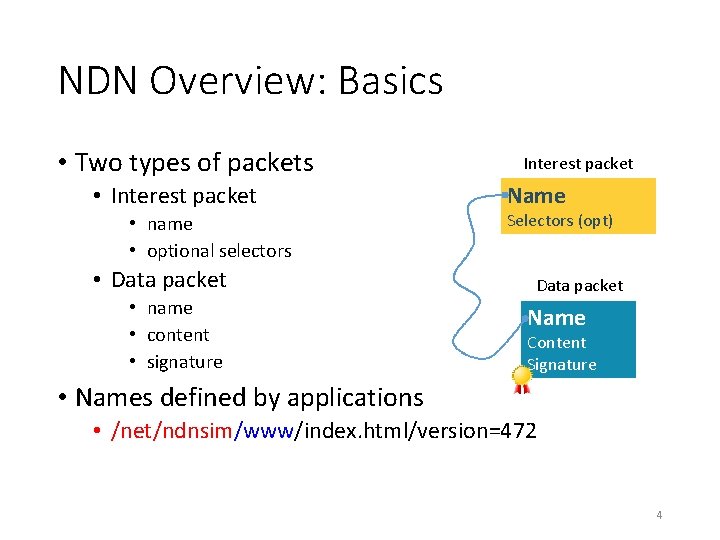 NDN Overview: Basics • Two types of packets • Interest packet • name •
