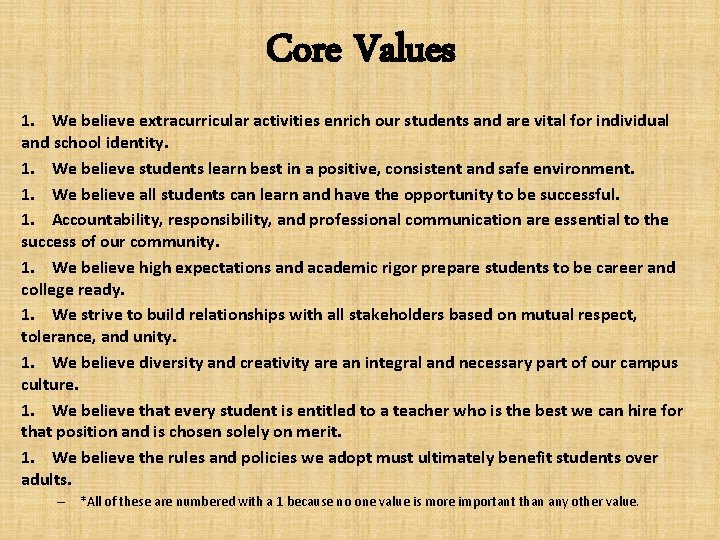Core Values 1. We believe extracurricular activities enrich our students and are vital for