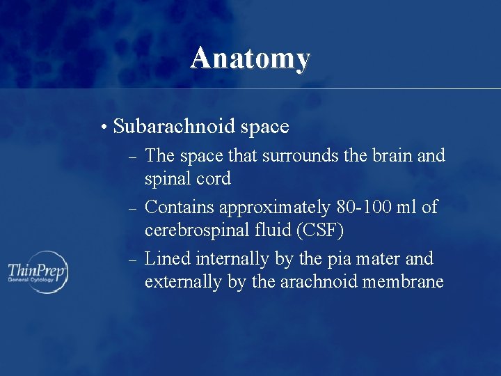 Anatomy • Subarachnoid space – The space that surrounds the brain and spinal cord