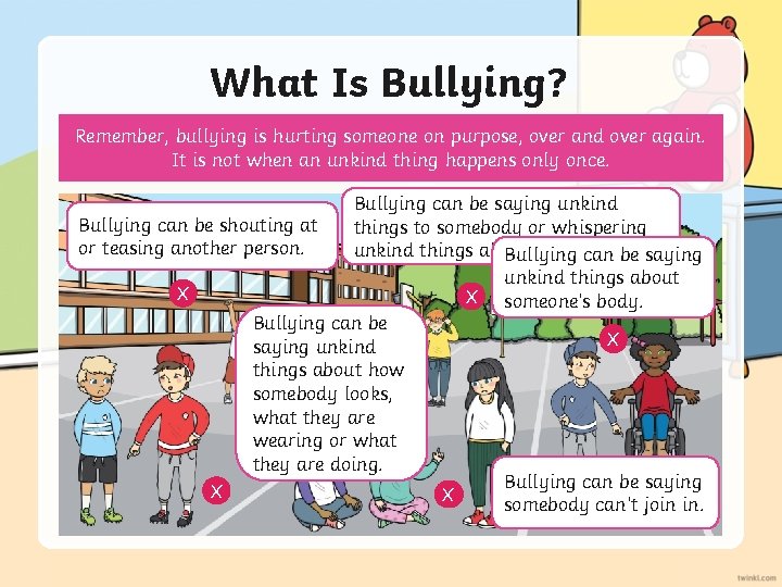 What Is Bullying? Can you spotbullying any behaviour in this picture mightover show Remember,