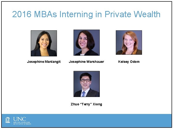 2016 MBAs Interning in Private Wealth Josephine Manlangit Josephine Warshauer Zhuo “Terry” Xiong Kelsey