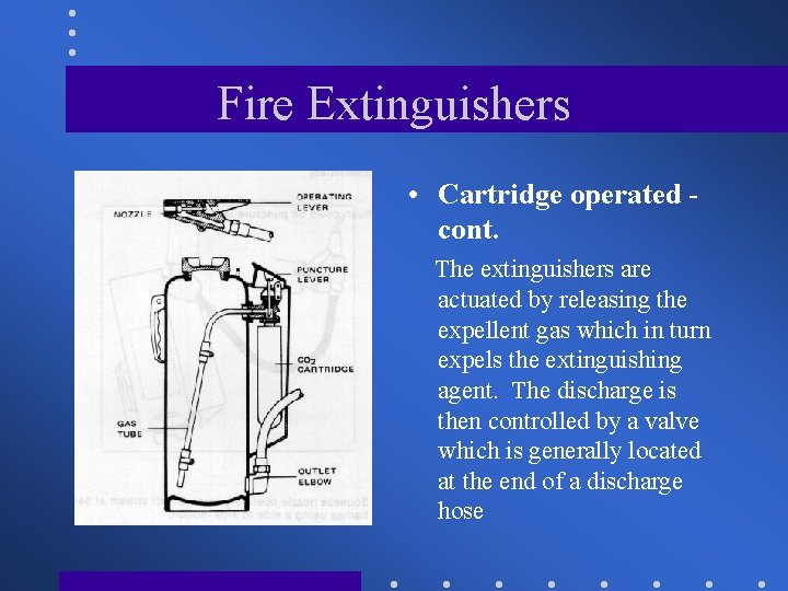 Fire Extinguishers • Cartridge operated cont. The extinguishers are actuated by releasing the expellent
