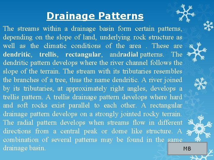  Drainage Patterns The streams within a drainage basin form certain patterns, depending on