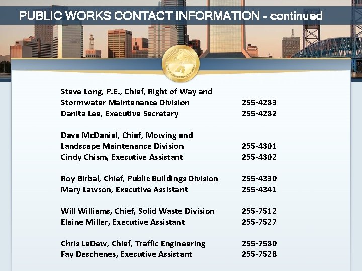 PUBLIC WORKS CONTACT INFORMATION - continued Steve Long, P. E. , Chief, Right of