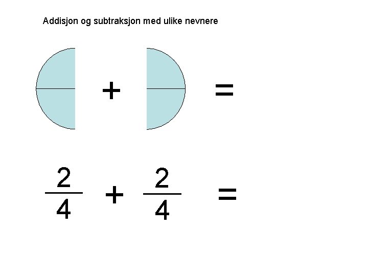 Addisjon og subtraksjon med ulike nevnere + 2 4 + = 2 4 =