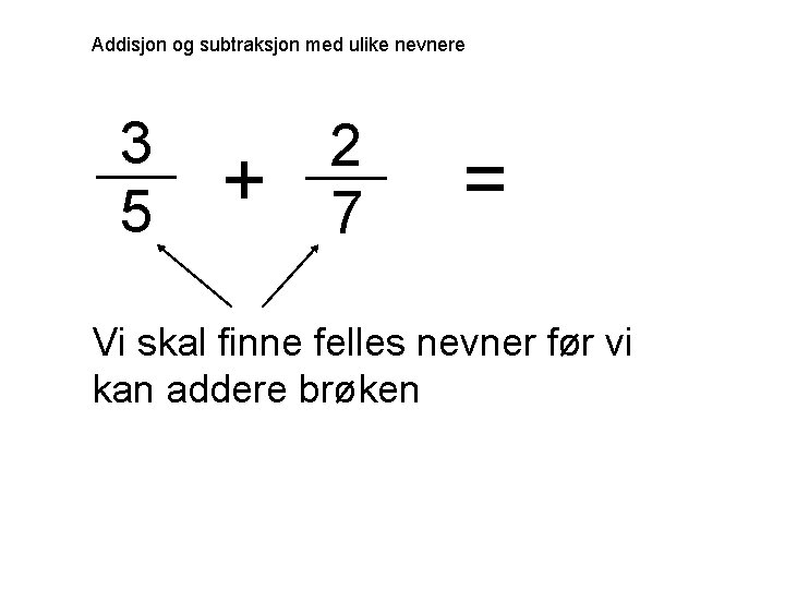 Addisjon og subtraksjon med ulike nevnere 3 5 + 2 7 = Vi skal