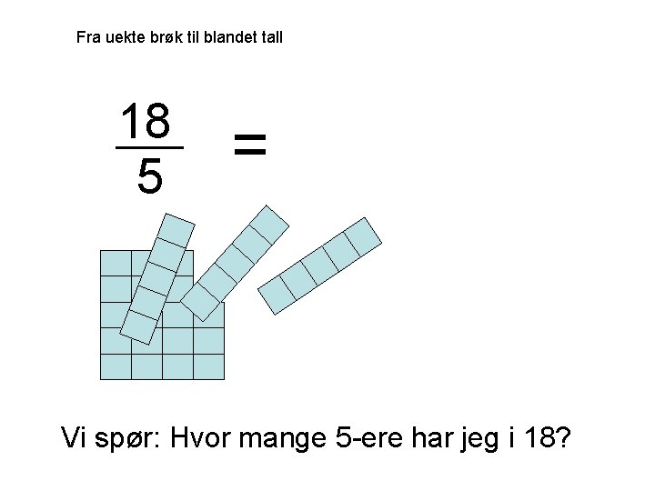 Fra uekte brøk til blandet tall 18 5 = Vi spør: Hvor mange 5