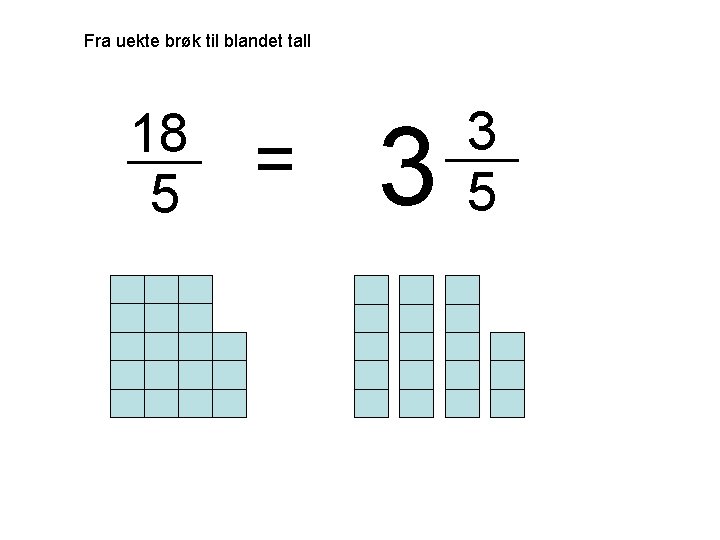 Fra uekte brøk til blandet tall 18 5 = 3 3 5 